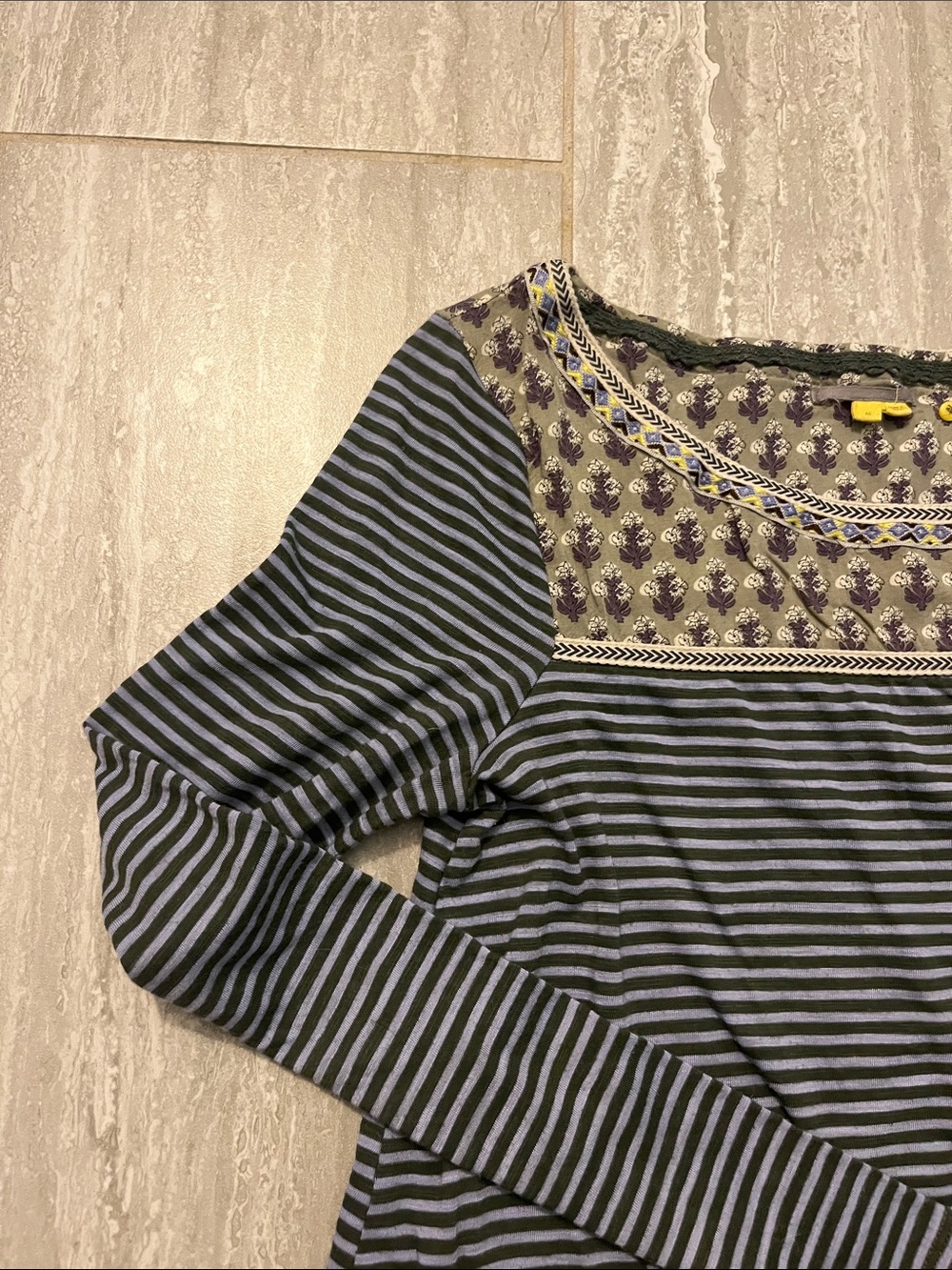 Anthropologie Green and Light Blue Striped Long-Sleeve Tee with Olive Lace Hem - Picture 4 of 9